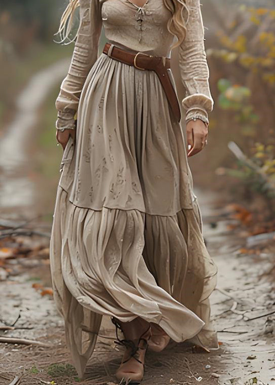 Beige V Neck Wrinkled Patchwork Cotton Ankle Dress Spring