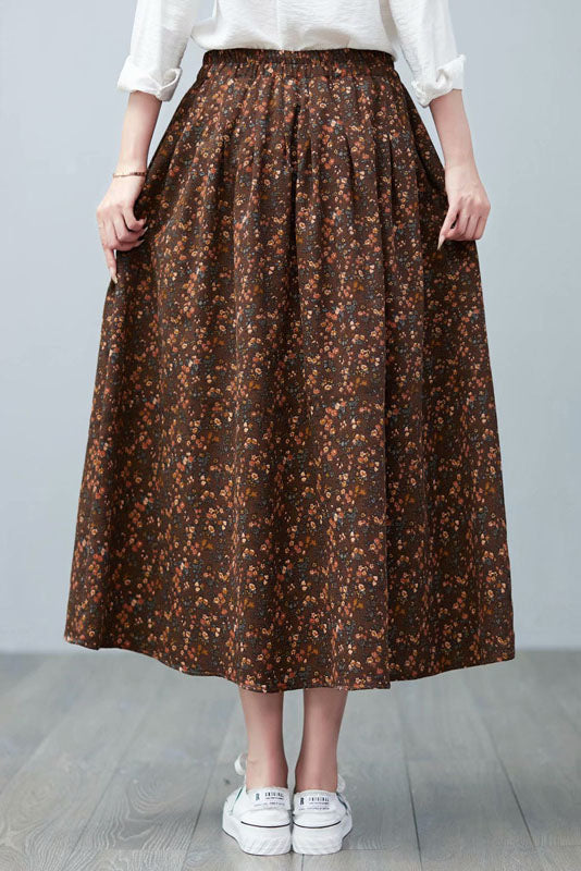 Spring Cotton Linen Print Skirt High Waist A-line Skirt
