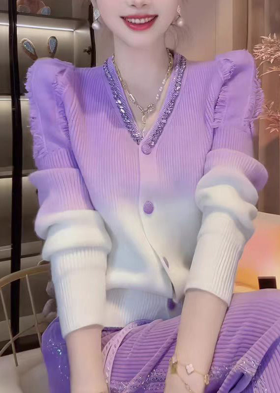 Gradient Color V Neck Zircon Knit Cardigans Fall