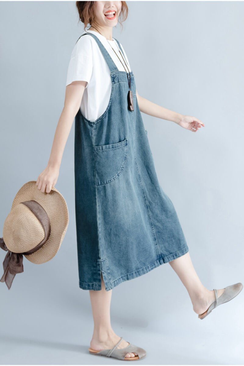 Summer Blue Denim Suspender Skirt Outfits