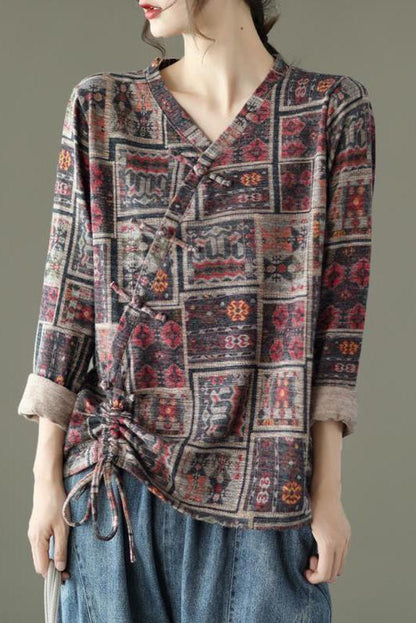 Retro Drawstring Print Cotton Blouse