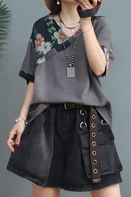 Denim Cotton Linen Stitching V Neck T-shirt