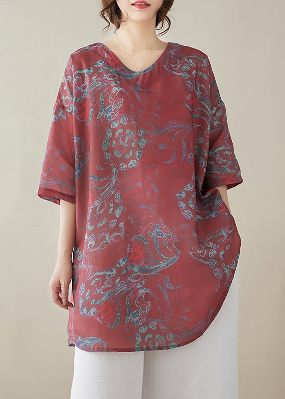 Red Print Linen Tops Half Sleeve
