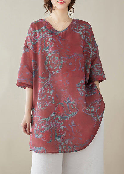 Red Print Linen Tops Half Sleeve