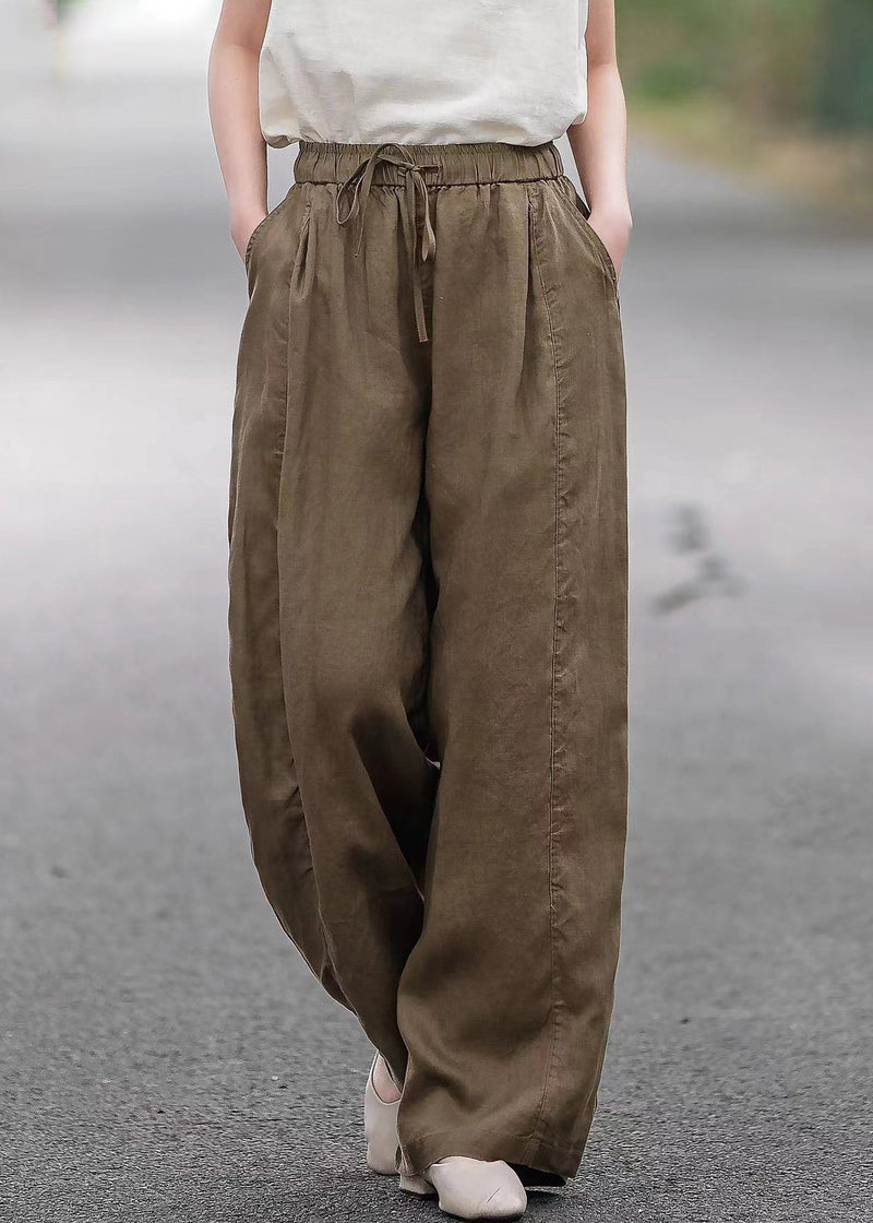 Pink Linen Summer Straight Pants Elastic Waist