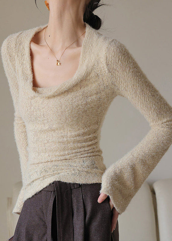 French Khaki Draped Neck Top Spring