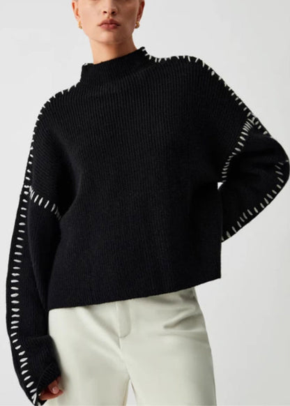 European and American Style Black O Neck Patchwork Knit Sweater Tops Spring