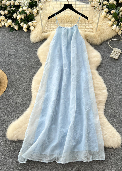 Sky Blue Jacquard Chiffon Spaghetti Strap Dress Summer