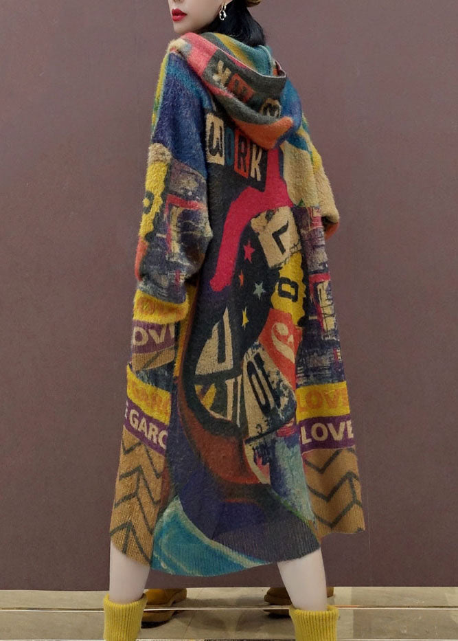 Print Button Maxi Knitted Cotton Thread Hooded Sweater Coat Fall