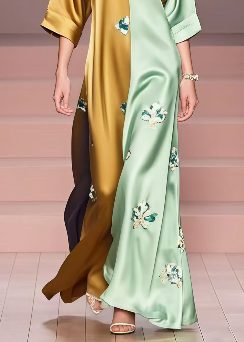 Colorblock Print Patchwork Silk Ankle Dress Summer