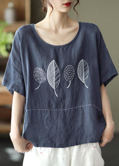 French Red Summer O-neck Embroidered Linen Half Sleeve T Shirt