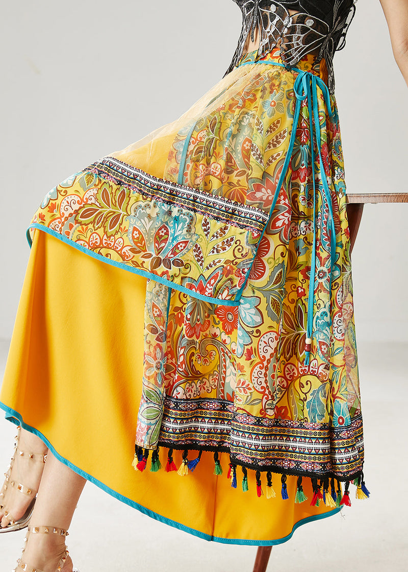 Yellow Tasseled Patchwork Tulle Skirt Summer