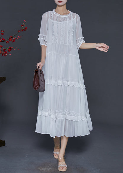 Natural White Ruffled Chiffon a L Ine Dresses Summer