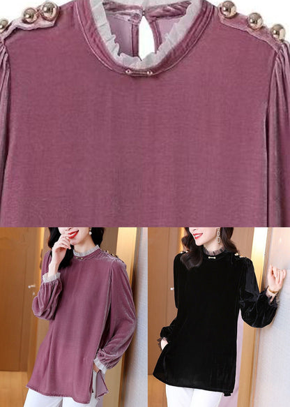 Organic Purple Stand Collar Silk Velour T Shirt Fall