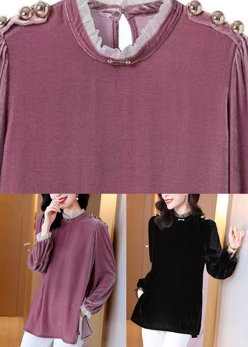 Black Silk Velour Side Open Tops Puff Sleeve