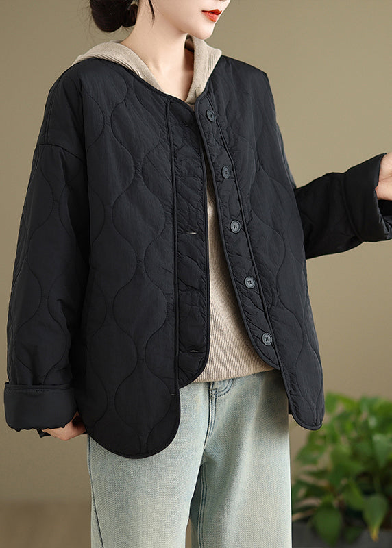 Black O Neck Pockets Button Patchwork Fine Cotton Filled Coat Spring
