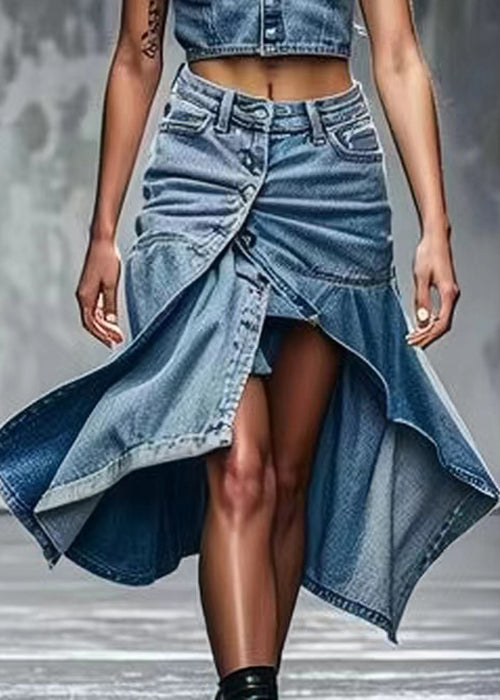 Blue Button Side Open High Waist Denim Skirts Summer