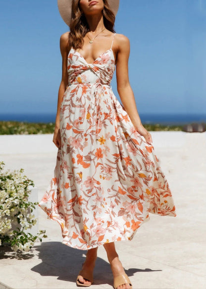 White Print Cotton Spaghetti Strap Dress Summer