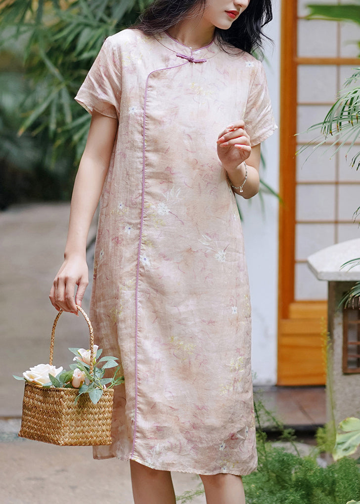 Chinese Style Blue Stand Collar Print Linen Dresses Summer