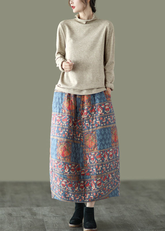 Fine Elastic Waist Pockets Print Fine Cotton Filled a Line Skirt Winter