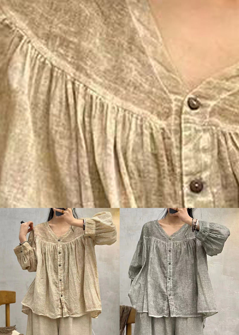 Grey Button Cotton Blouses V Neck Long Sleeve