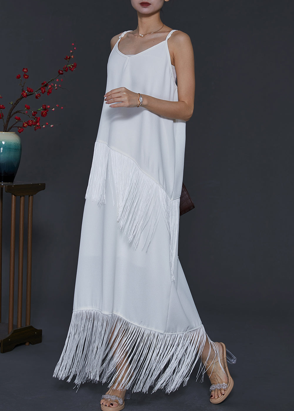 White Tasseled Chiffon Spaghetti Strap Dress Summer