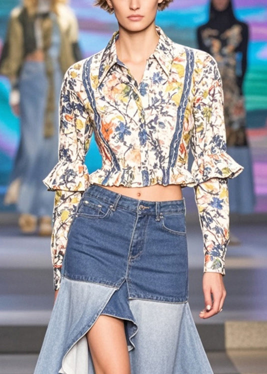 Blue Ruffles Patchwork Side Open Denim Skirts Spring