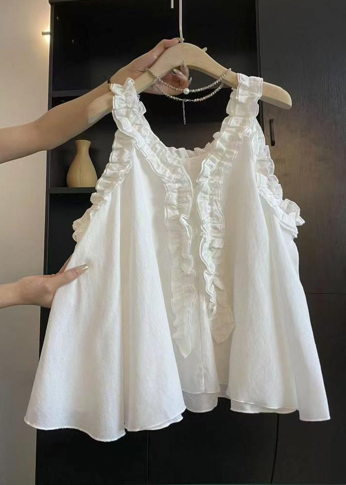 Art Blue Ruffled Cotton Blouse Top Sleeveless