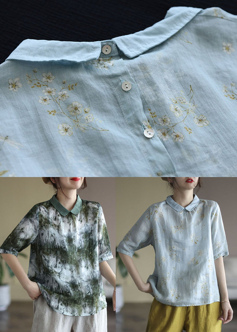 Light Blue Peter Pan Collar Print Linen Shirt Tops Half Sleeve