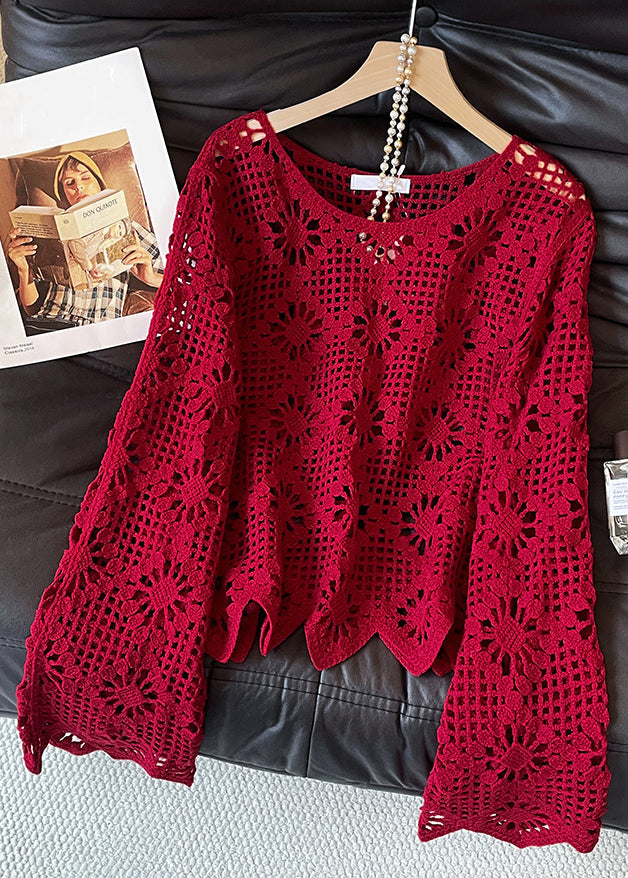 Red O Neck Hollow Out Knit Sweater Fall