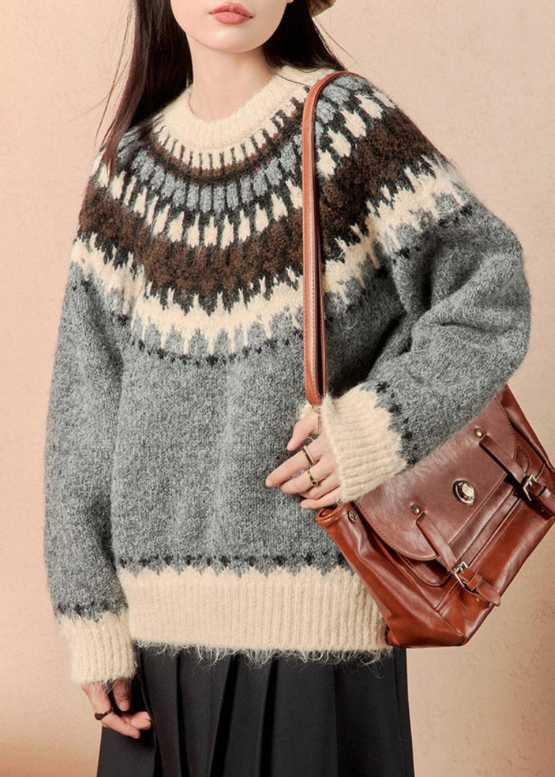 Grey O Neck Thick Patchwork Knit Sweater Winter