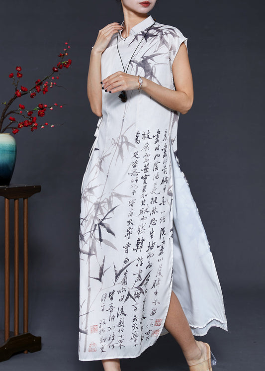 White Print Chiffon Vacation Dresses Cheongsam Sleeveless