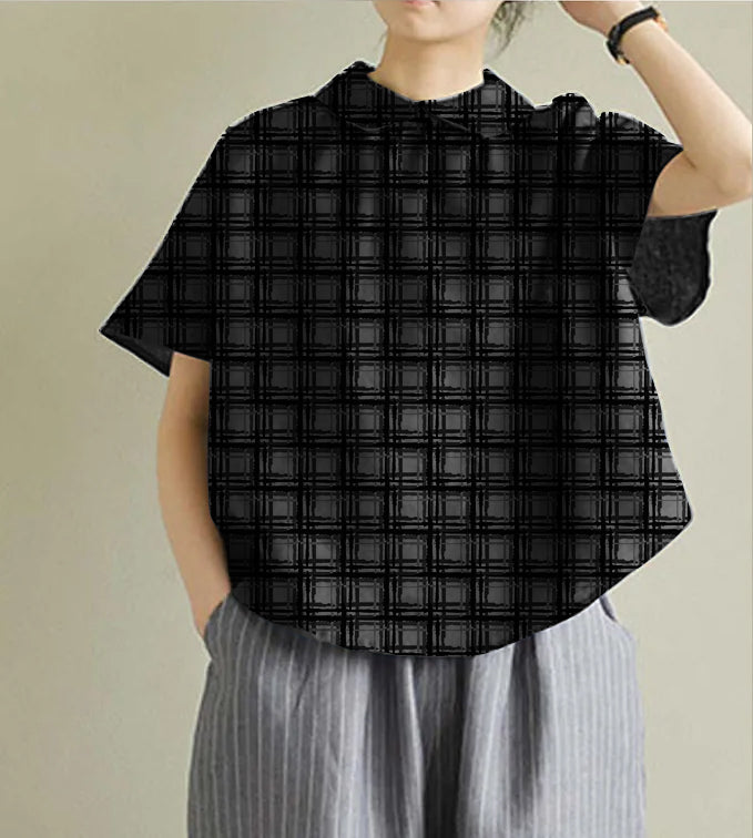 Simple Black Peter Pan Collar Linen Shirt Summer