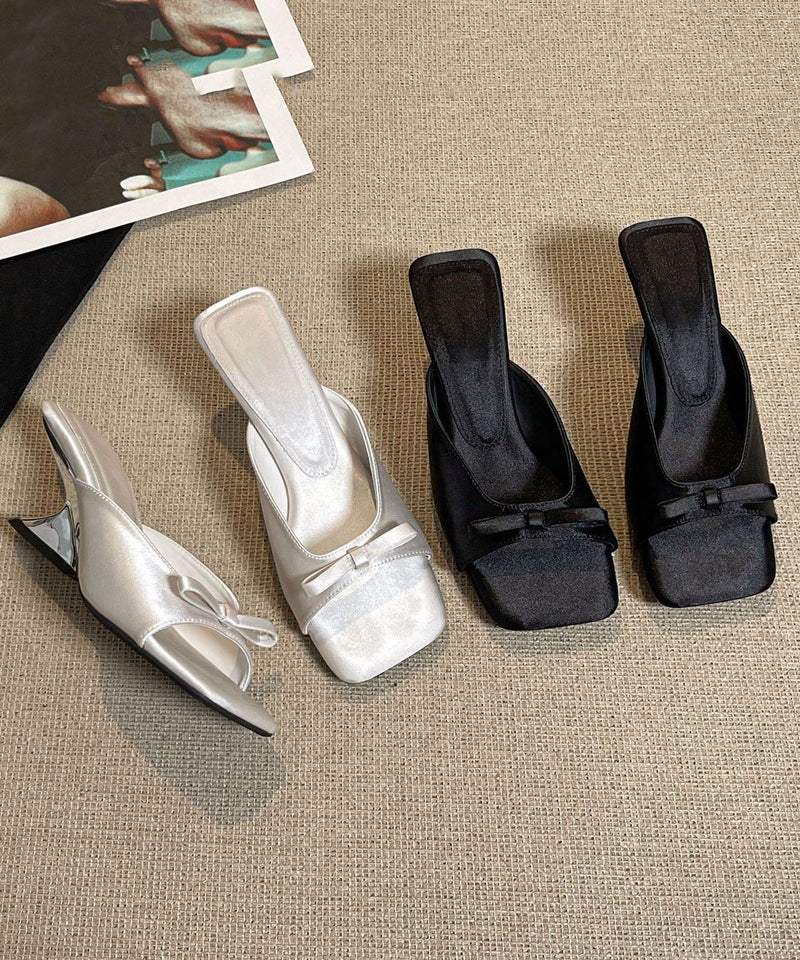 Black Bow Splicing Satin Wedge Slide Sandals