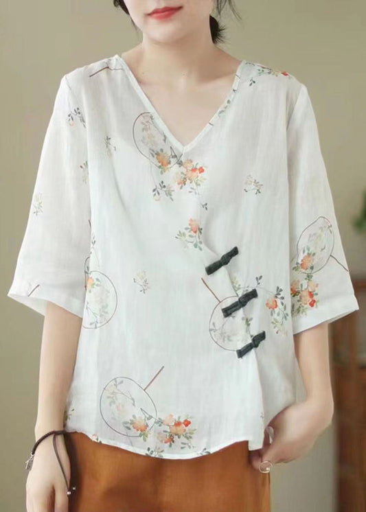 White V Neck Print Chinese Button Patchwork Linen Blouse Top Summer