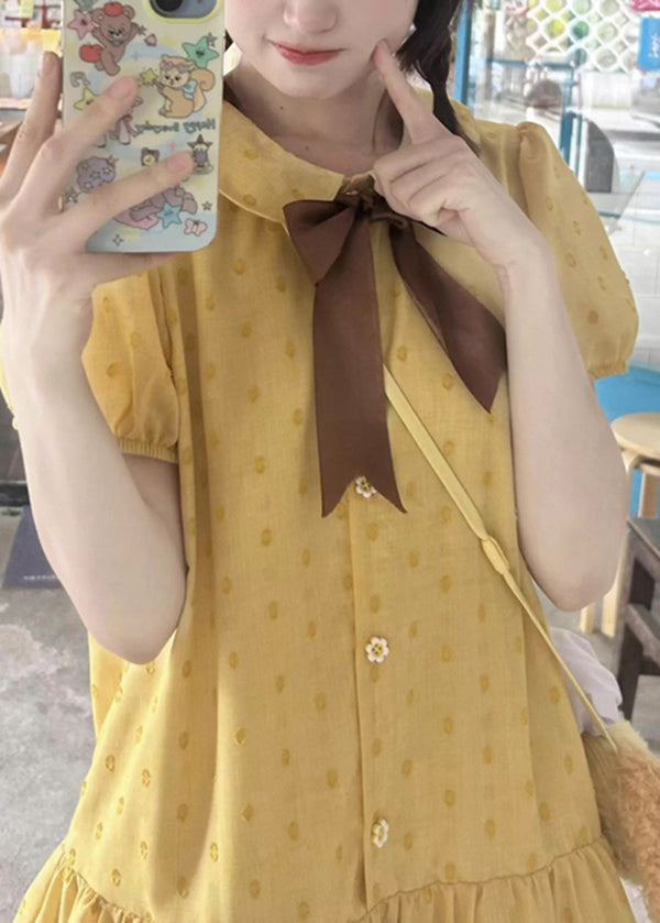 Yellow Ruffled Patchwork Cotton Mid Dresses Summer