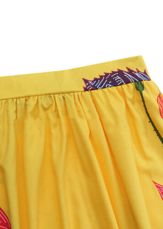 Yellow High Waist Pockets Print Cotton a Line Skirt Summer
