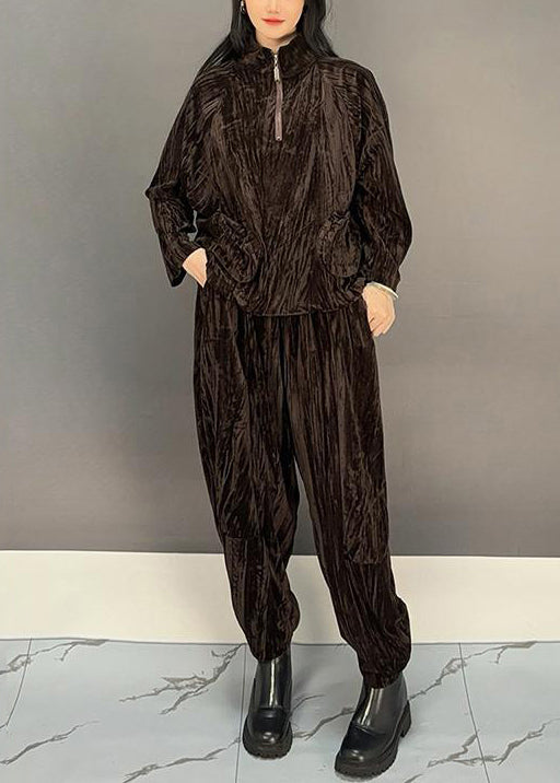 Loose Brown Zippered Tops and Crop Pants Silk Velvet Two Pieces Set Winter