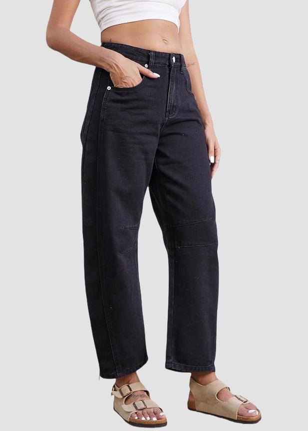 Simple Blue Pockets High Waist Denim Crop Pants Summer