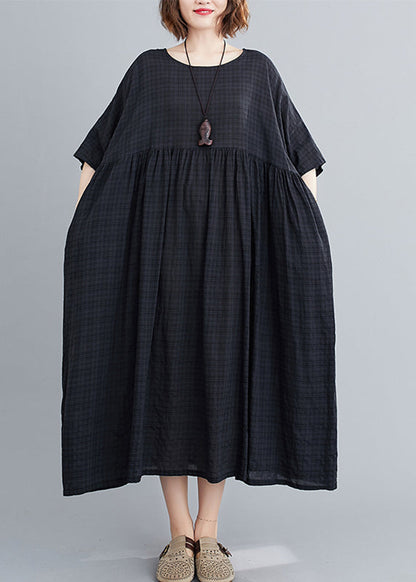 Loose Black O-neck Plaid Patchwork Maxi Dresses Summer
