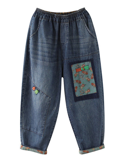 Artistic Retro Applique Denim Pants