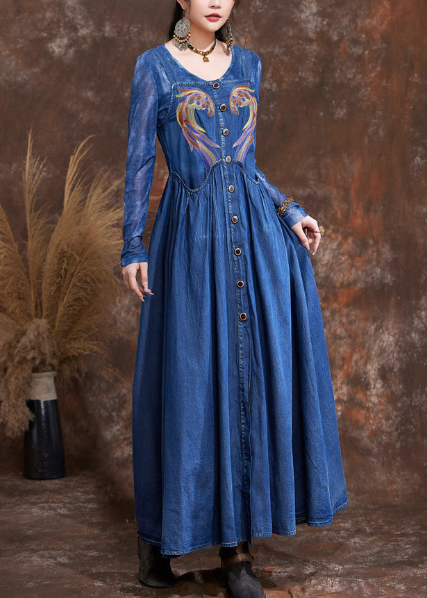 Navy O-neck Embroidered Button Robe Denim Dresses Spring