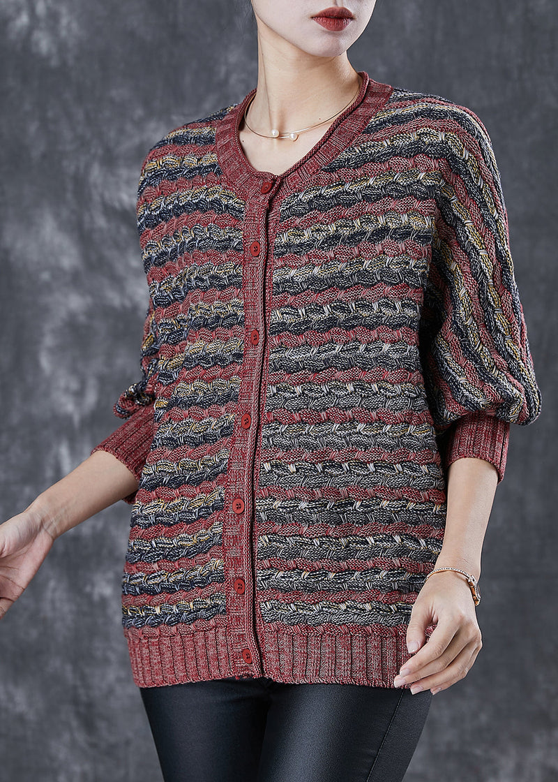 Brick Red Oversized Striped Knit Cardigans Spring