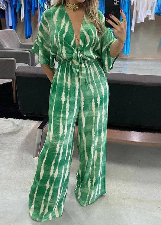 New Green V Neck Print Lace Up Cotton Jumpsuits Summer