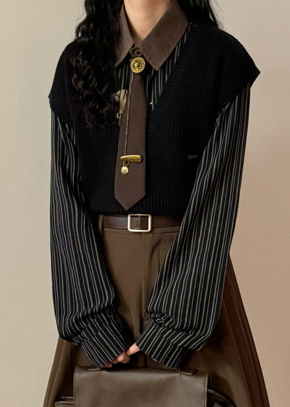 Black Cozy Knit Vest V Neck Spring