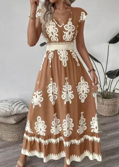 Navy V Neck Print Cotton Vacation Dress Summer