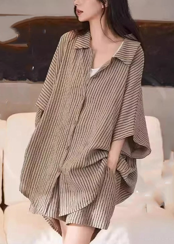Khaki Peter Pan Collar Striped Shirt and Shorts Two Piece Set Summer