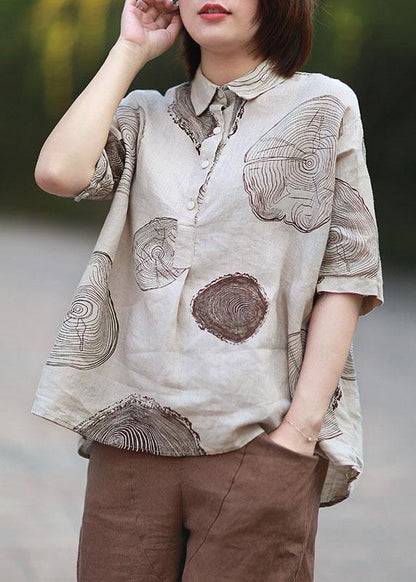 Beige Peter Pan Collar Print Summer Linen Blouses Half Sleeve