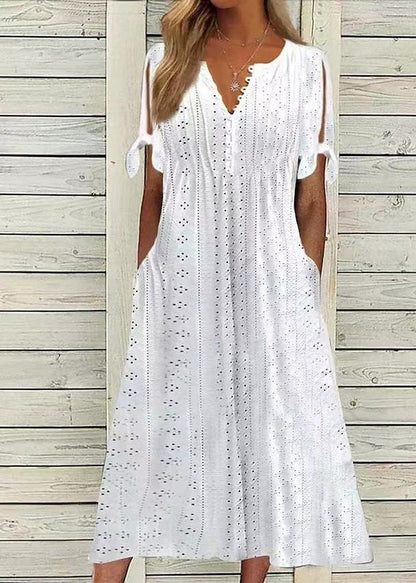 New White V Neck Hollow Out Loose Cotton Dress Summer