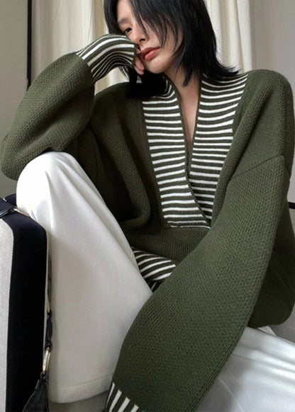 Army Green V Neck Striped Patchwork Knit Sweater Fall